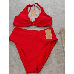Berlook Red Ribbed U Front Top W/ High Waisted Bottom Size 16 New